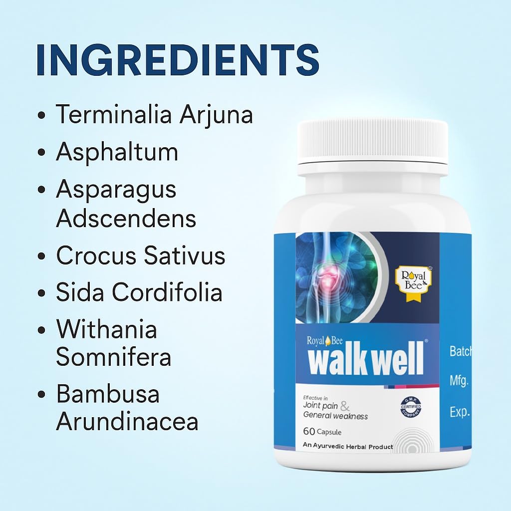 Royal Bee Walkwell Capsules – 60 Capsules – Supports Joint Pain & Inflammation Relief · Useful in Osteoarthritis · Promotes Flexibility & Mobility · Clinically Studied Herbal Ingredients GenericAu supplements