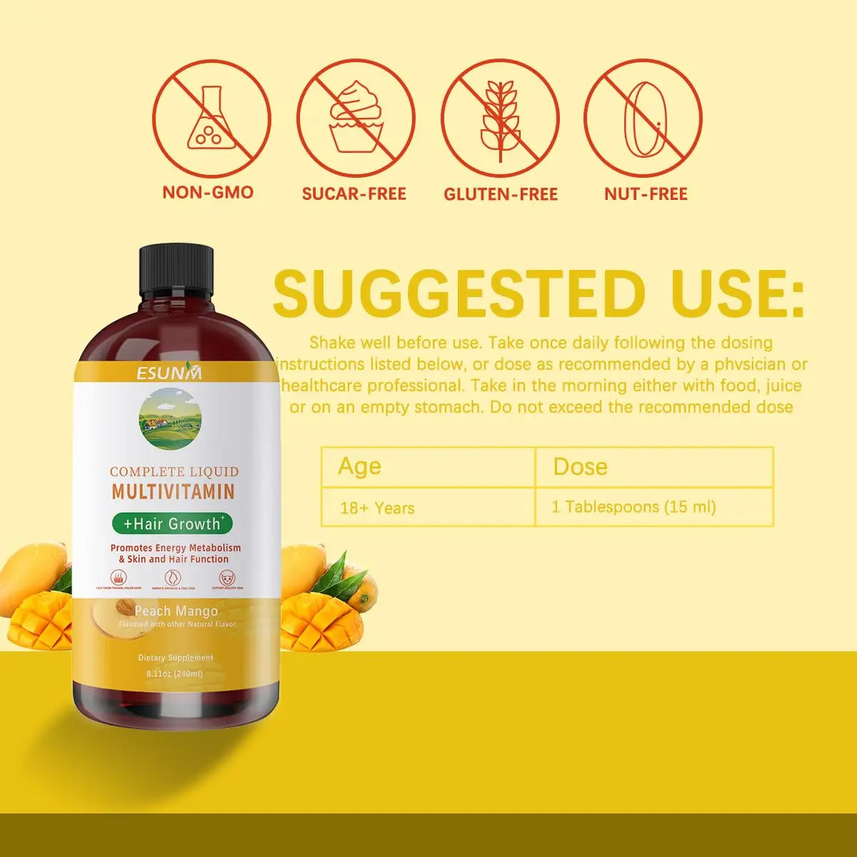 ESUNM Complete Liquid Multivitamin + Hair Growth, Promotes Energy Metabolism& Skin and Hair Function| Vitamin C D | B Vitamins | ESUNMAu supplements