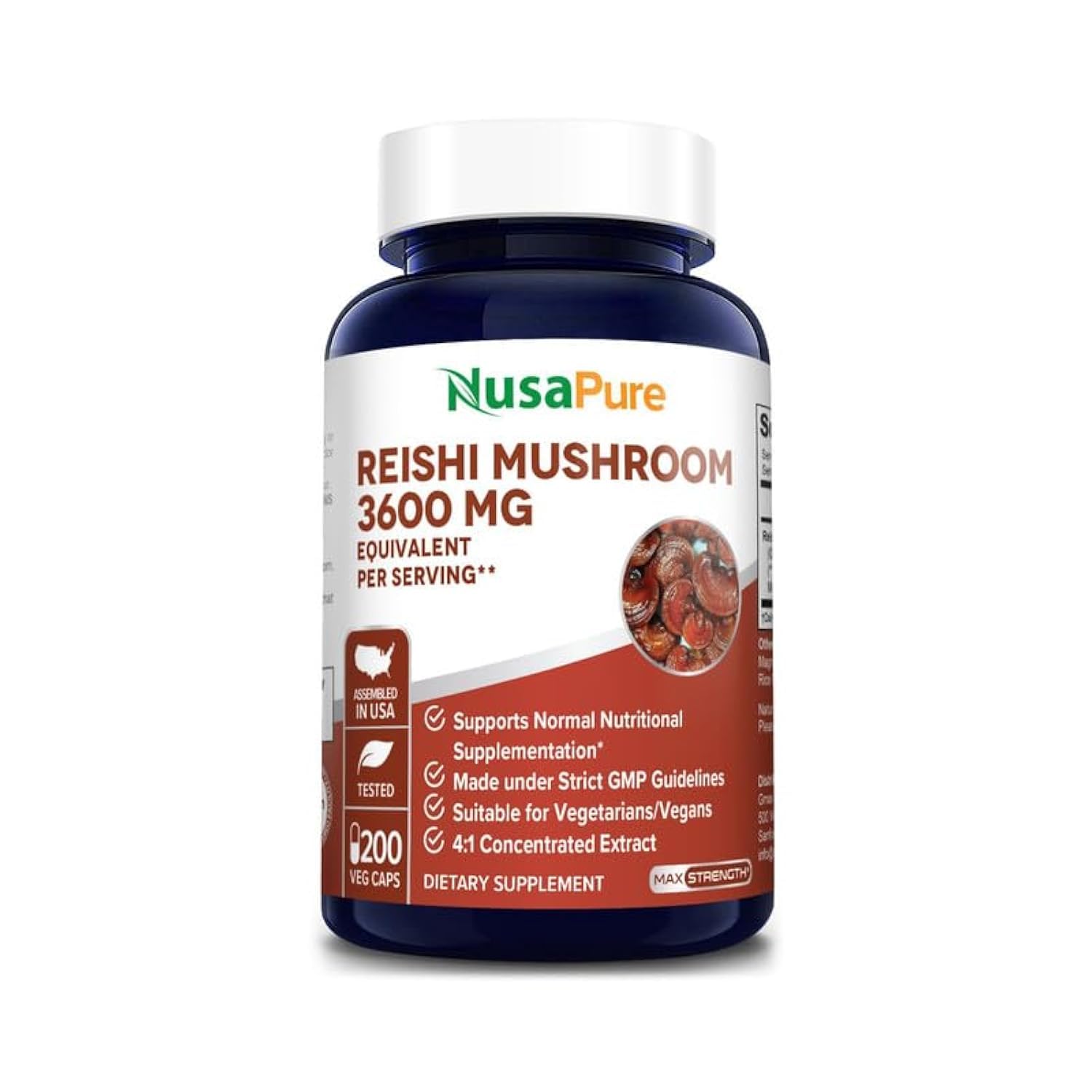 NusaPure Reishi Mushroom 4:1 Extract, 900 mg Equivalent to 3,600mg per Capsule 200 Veggie Caps Vegan, Non-GMO, Gluten-Free NusaPureAu supplements