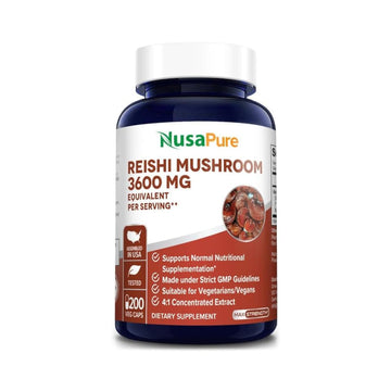 NusaPure Reishi Mushroom 4:1 Extract, 900 mg Equivalent to 3,600mg per Capsule 200 Veggie Caps Vegan, Non-GMO, Gluten-Free NusaPureAu supplements