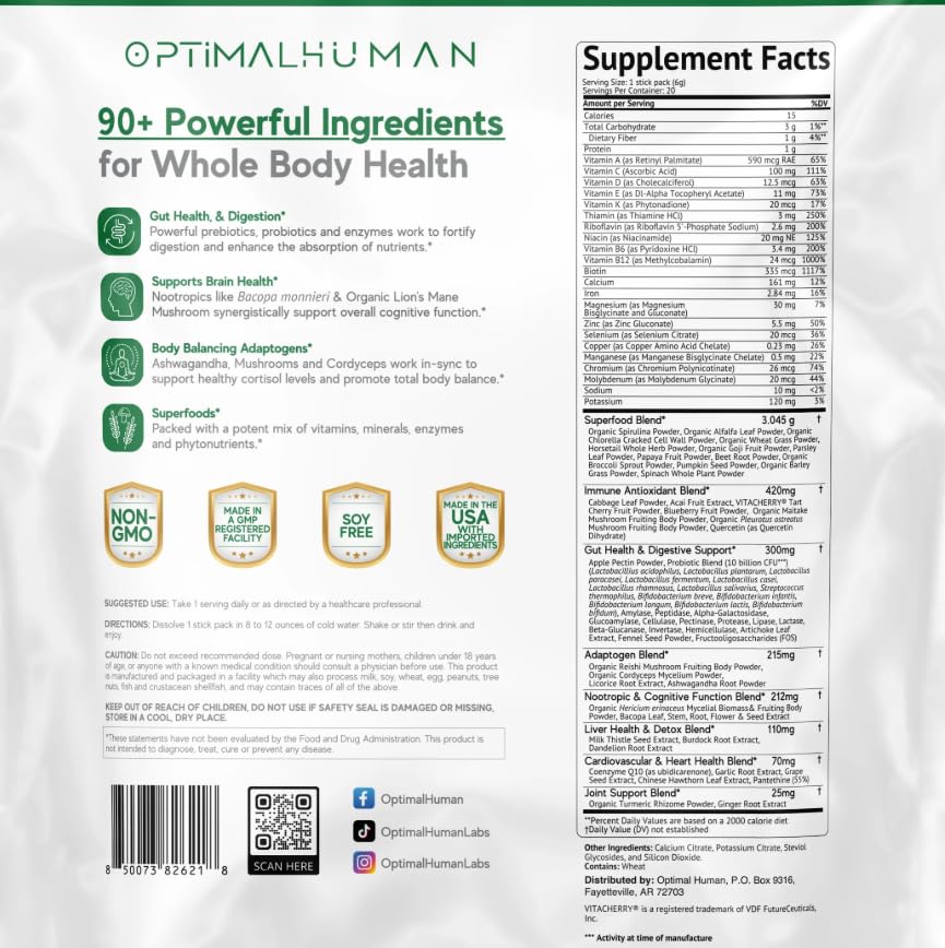 Optimal Human Superfood Greens Powder – 90+ Ingredient Blend with Lion’s Mane Supplement, Ashwagandha & Turmeric – Non-GMO, Soy-Free, Mushroom Supplements for Women – 20 Sachets O HAu supplements