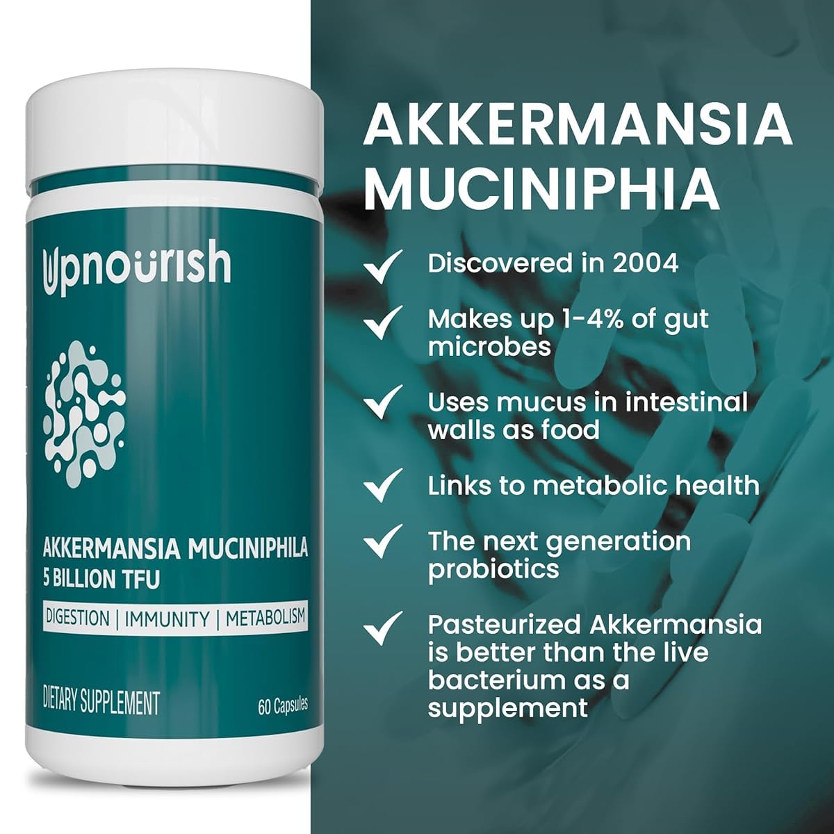 UpNourish Probiotics for GLP-1 Support, 5 Billion TFU Akkermansia Muciniphila for Digestive Health, Leaky Gut, Immunity and Metabolic Health, Prebiotics and Probiotics for Women and Men, 60 Capsules UpNourishAu supplements