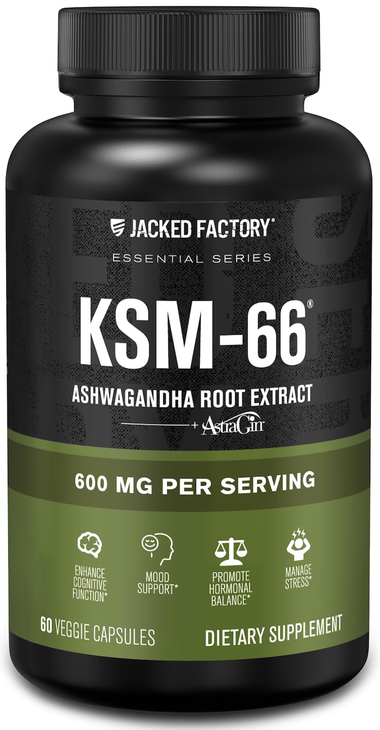 Jacked Factory Ashwagandha Root Extract (KSM-66 Ashwagandha) w/ 5% Withanolides - Supplement for Natural Stress Relief, Cognitive Function, Vitality, and Mood Support - 60 Veggie Capsules Jacked FactoryAu supplements