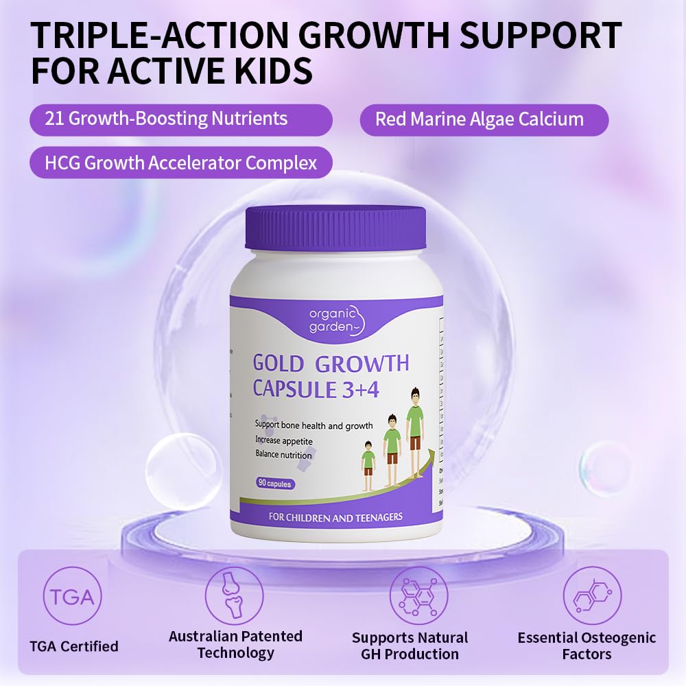Organic Garden Natural Height Support Supplement for Teens & Young Adults - Bone Health & Growth Aid with L-Lysine, Red Algae Calcium, 19 Nutrients - 90 Capsules Organic GardenAu supplements
