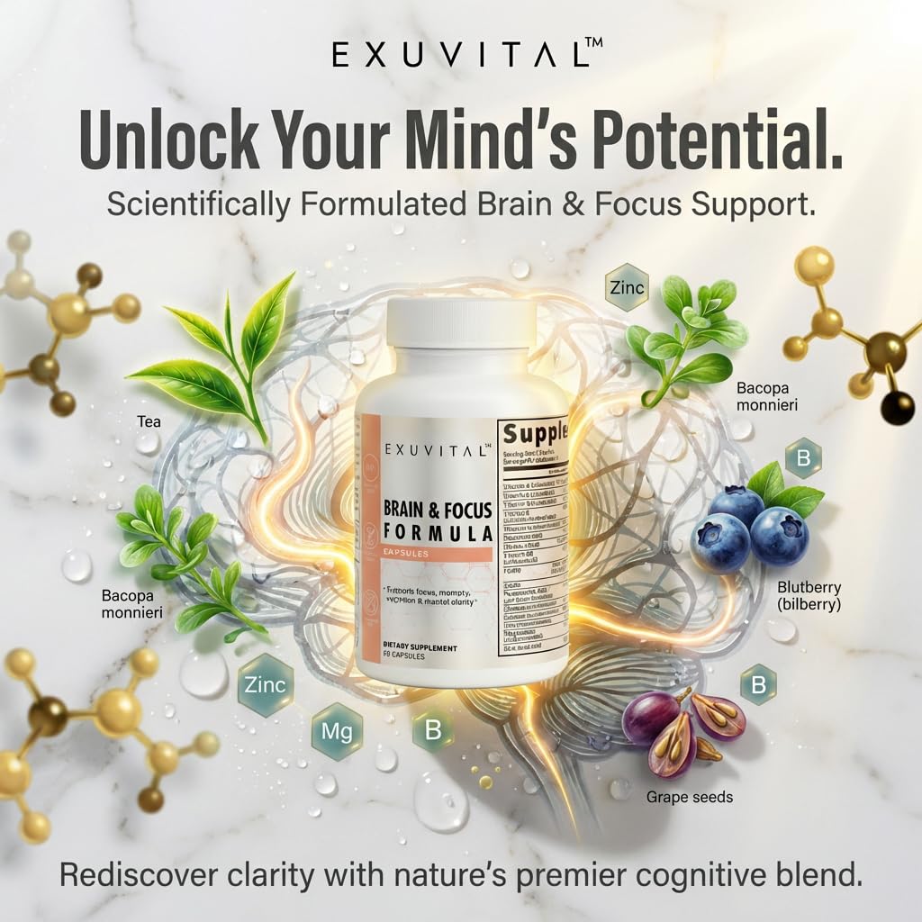 EXUVITAL Brain & Focus Formula, Veggie Capsules, 60 Count, Nootropic Supplement with Vitamins, Minerals and Proprietary Blend for Clarity, Memory, Cognition and Mental Focus EXUVITALAu supplements