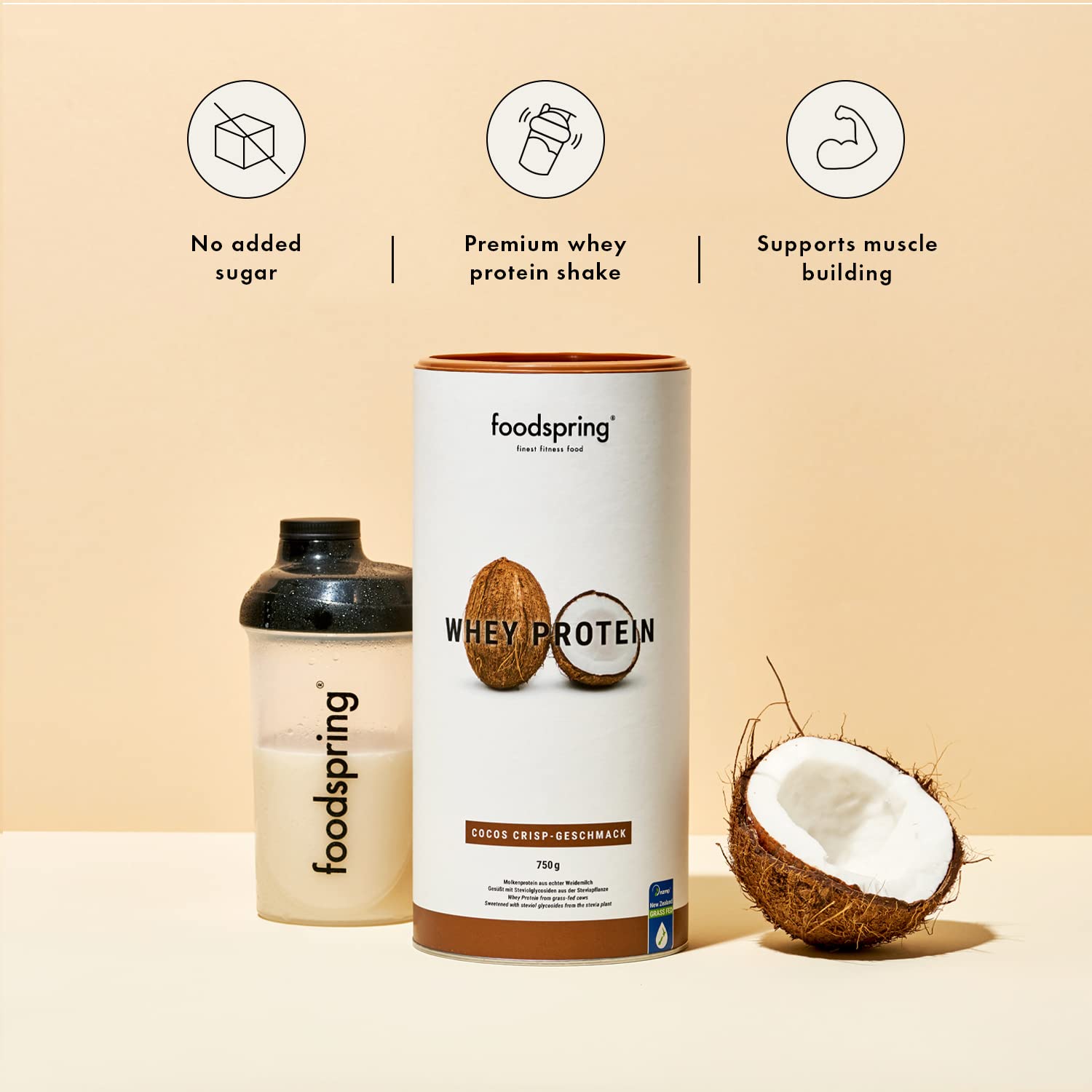 foodspring Whey Protein Powder Coconut – with 23g Protein for Muscle Building, Perfect Solubility, Made from Pasture Milk, Rich in BCAAs & EAAs - 750g foodspringAu supplements