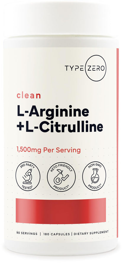 Type Zero L-Arginine + L-Citrulline Supplement (1500mg) - Nitric Oxide Booster - Clean, Keto-Friendly, GMO-Free, 180 Capsules, 90 Servings Type ZeroUS supplements