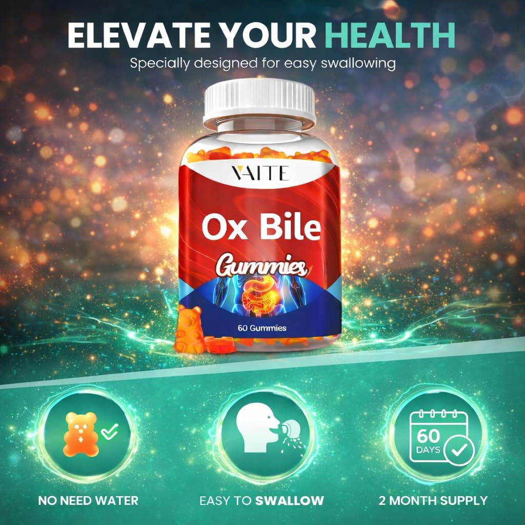 VAITE Ox Bile Gummies – 500mg Digestive Support for Gallbladder & Gut Health – Non-GMO, Sugar-Free Supplement – Helps Nutrient Absorption & Bile Flow – 60 Easy-to-Chew Bile Acid Chewables VAITEAu supplements