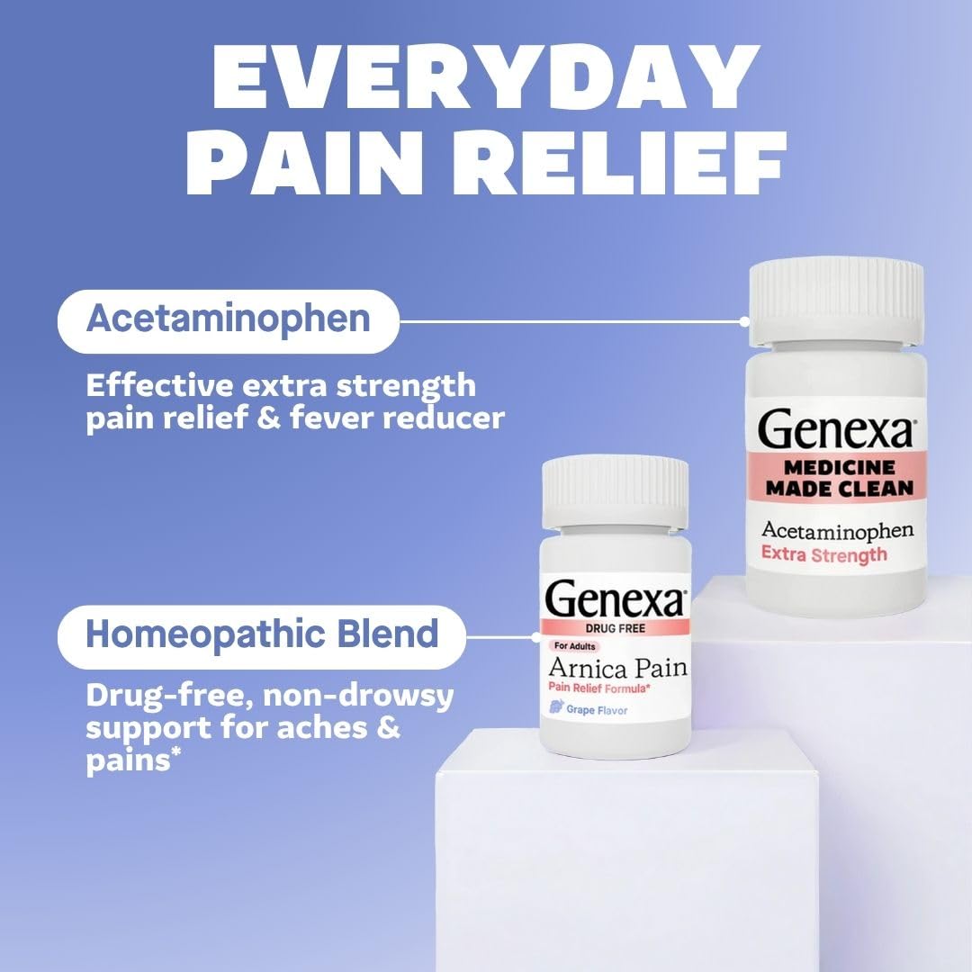 Genexa Adult Pain Relief Bundle | 500mg Acetaminophen Caplets + Homeopathic Arnica Chewables | Fast Relief for Headache, Joint & Muscle Pain | OTC + Homeopathic Combo | No Dyes or Artificial Additives GenexaAu supplements