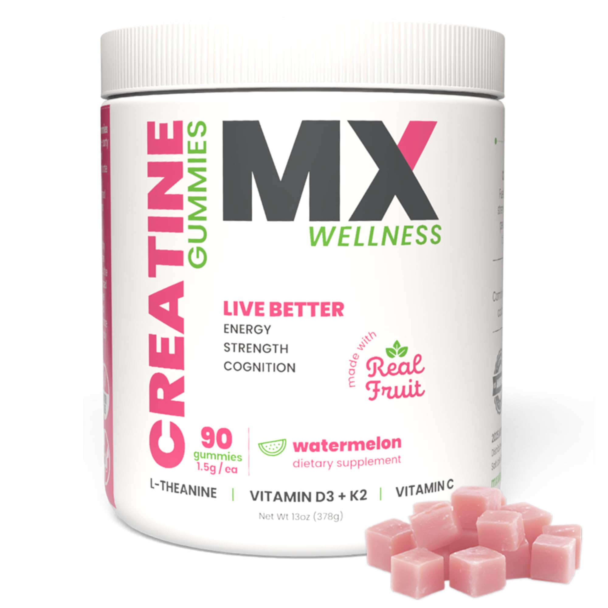 MX Wellness Creatine Monohydrate Gummies for Men & Women – Real Fruit Gummy Supplement for Muscle Growth, Recovery, Longevity, Cognitive Health & Memory – 90 Chews (90 Gummies, Watermelon) MX WellnessAu supplements