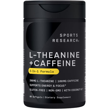 Sports Research L-Theanine Supplement with Caffeine & Coconut MCT Oil - Focused Energy, Alertness & Relaxation Without Drowsiness - 200mg L Theanine, 100mg Organic Caffeine - 60 Liquid Softgels Sports ResearchAu supplements