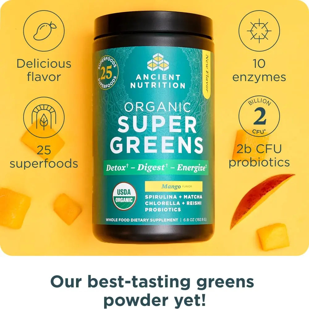 Ancient Nutrition Organic Supergreens Powder, Mango, 25 Servings + Multi Collagen Protein Powder, Vanilla, 60 Servings Ancient Nutritionnz supplements