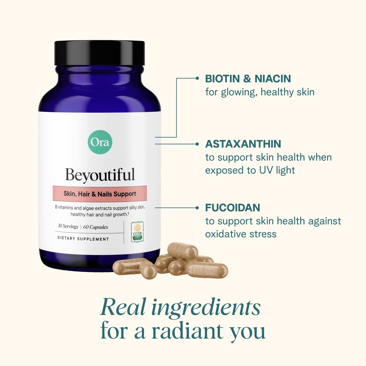 Ora Organic Hair, Skin, and Nails Support- BeYouTiful - Beauty Supplement with B Vitamins and Algae Extracts for Healthy Hair and Skin - 60 Vegan Capsules Ora OrganicUS supplements