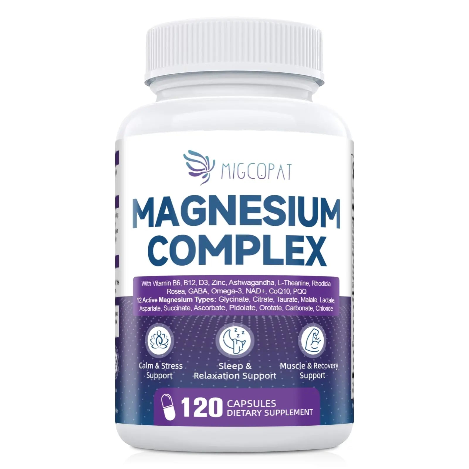 Migcopat Magnesium Complex w/Magnesium Glycinate, Malate, Citrate | 24-in-1 Magnesium Supplement w/Ashwagandha, L-Theanine & NAD+ | Supports Calm, Energy, Muscle & Sleep | Non-GMO, 120 Vegan Caps Migcopatnz supplements