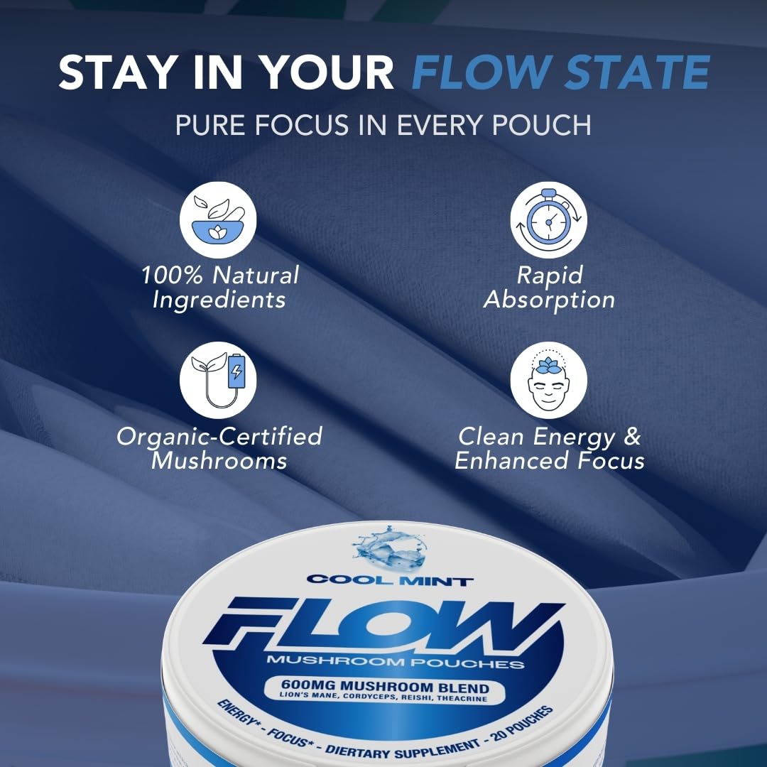Flow Pouches Mushroom Nootropic Pouches - 600mg Organic Mushroom Energy Ultra Pouches with Lion's Mane, Reishi, Cordyceps for Focus & Clean Energy - Zero Caffeine or Sugar (5 Can Pack, Cool Mint) Flow PouchesAu supplements