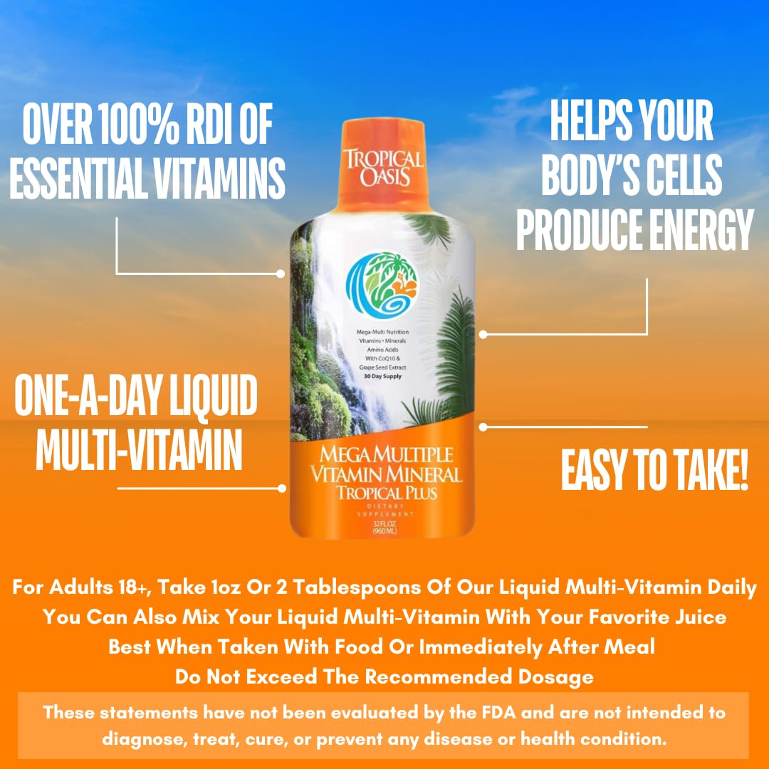 Tropical Oasis Mega Plus - Liquid Multivitamin and Mineral Supplement – Includes 85 Vitamins & Minerals, 20 Amino Acids + CoQ10, Grape Seed Extract & Organic Aloe Vera - 32oz, 32 Servings, 33460 Tropical OasisAu supplements