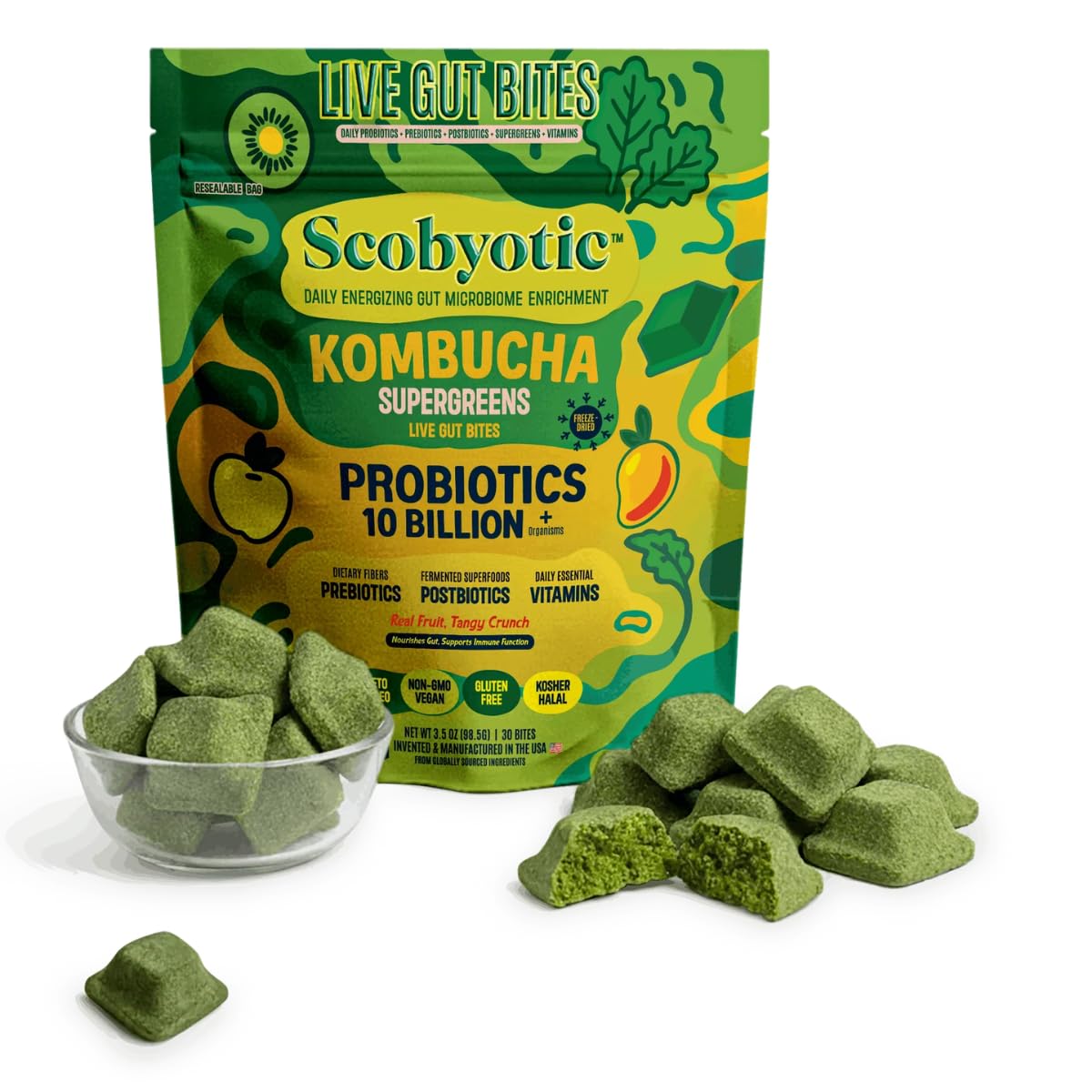 Scobyotic® Kombucha Supergreens Live Gut Bites – 10 Billion CFU Probiotics + Prebiotics & Postbiotics – Kombucha & Supergreens – Freeze-Dried Probiotic Supplement ScobyoticAu supplements