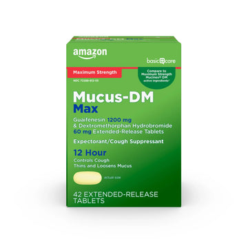 Amazon Basic Care Maximum Strength Mucus DM, Expectorant and Cough Suppressant Extended-Release Tablets, 42 Count Amazon Basic CareAu supplements