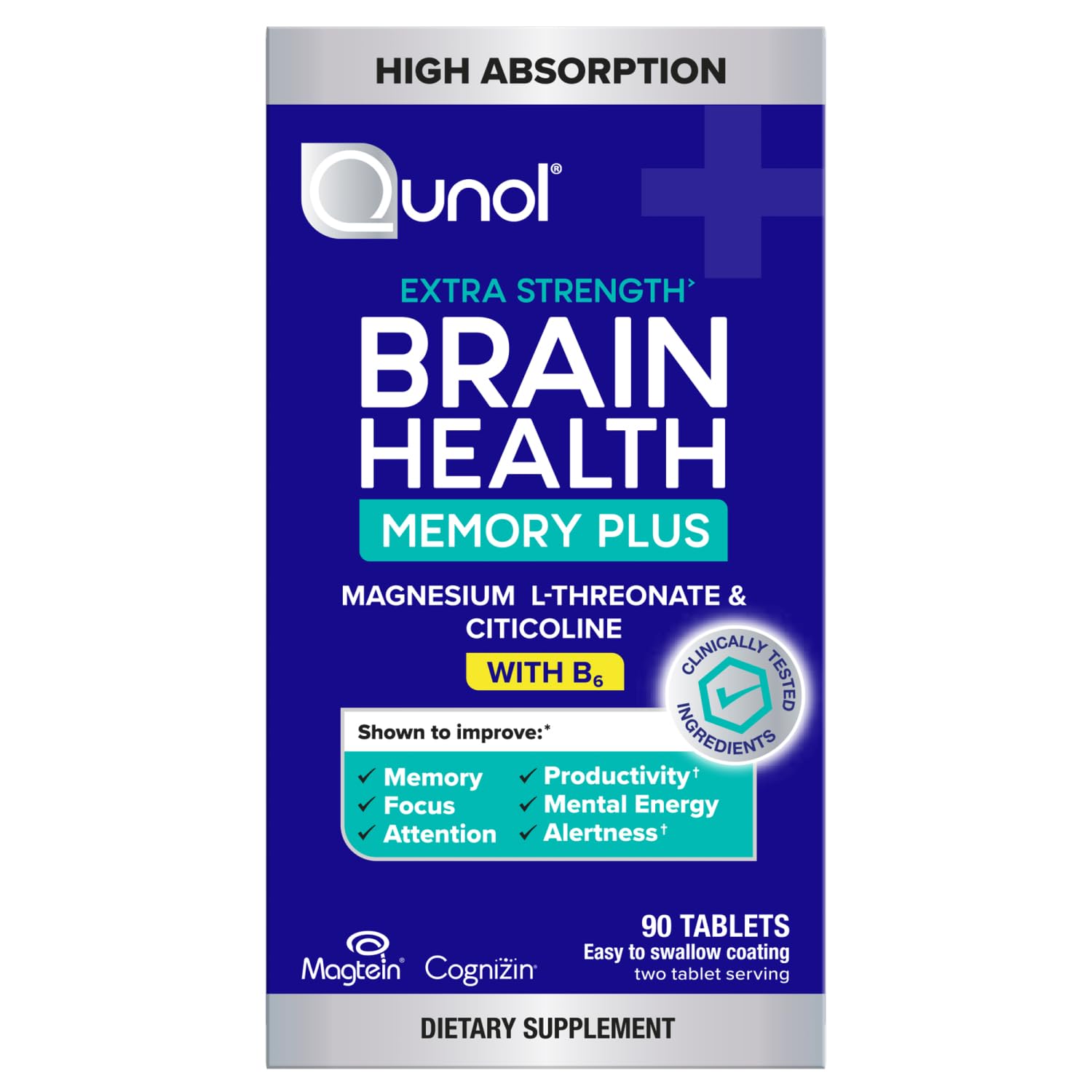 Qunol Brain Health Memory Plus with B6, Magnesium L-Threonate & Citicoline, Clinically Tested Ingredients to Improve Memory, Focus, Attention and Productivity, 90 Count QunolAu supplements