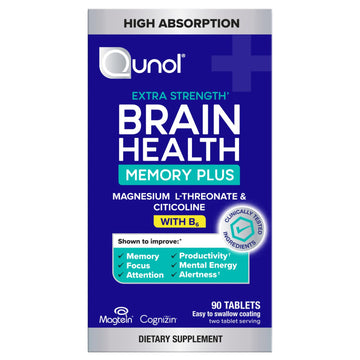 Qunol Brain Health Memory Plus with B6, Magnesium L-Threonate & Citicoline, Clinically Tested Ingredients to Improve Memory, Focus, Attention and Productivity, 90 Count QunolAu supplements