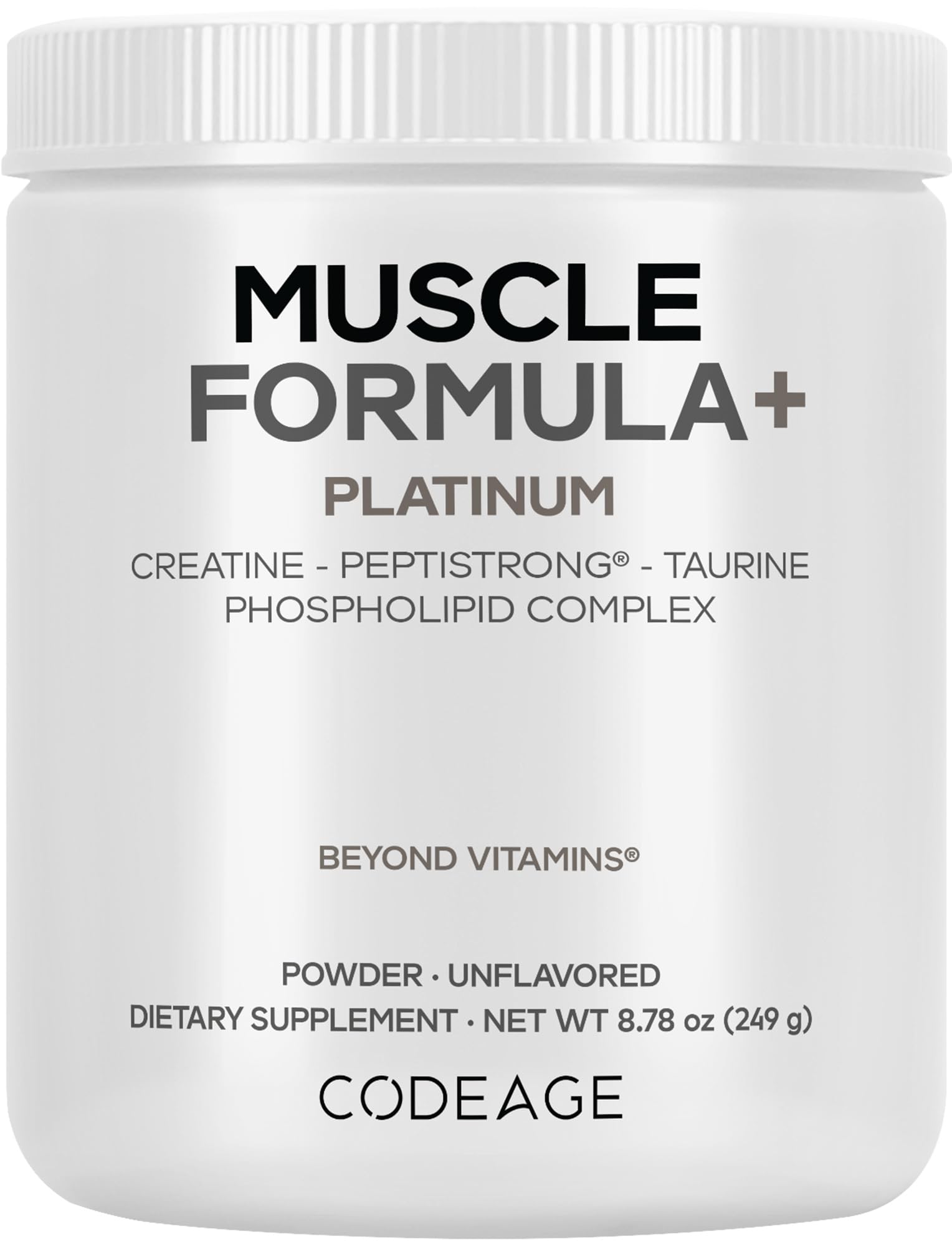 Codeage Muscle Formula+ Platinum Supplement - Creatine Monohydrate, PeptiStrong Fava Bean Protein Hydrolysate, Taurine, Vitamin D3, Liposomal Delivery - Non-GMO - Unflavored Protein Powder - 8.78 Oz CodeageAu supplements