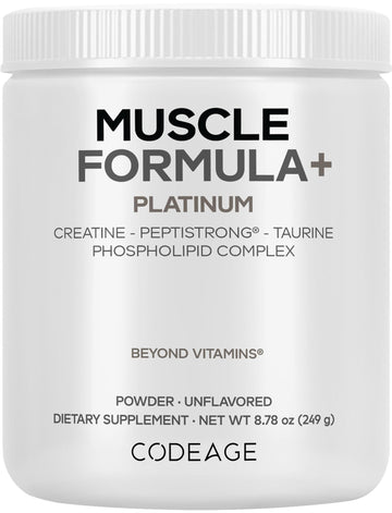 Codeage Muscle Formula+ Platinum Supplement - Creatine Monohydrate, PeptiStrong Fava Bean Protein Hydrolysate, Taurine, Vitamin D3, Liposomal Delivery - Non-GMO - Unflavored Protein Powder - 8.78 Oz CodeageAu supplements