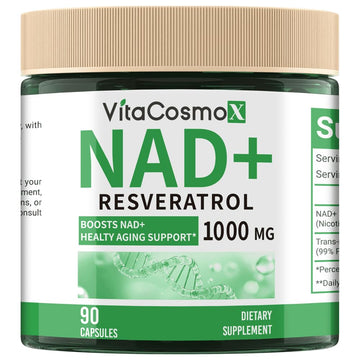 VitaCosmoX NAD+ with Resveratrol Similar to Nicotinamide Riboside Supplement, 1000 mg, 90 Capsules Vegan Non-GMO VitaCosmoXAu supplements