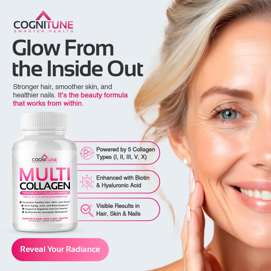 CogniTune Multi Collagen Peptides for Women with Biotin, Hyaluronic Acid, Vitamin C - 5 Types I II III V X Colageno Hidrolizado - 2000mg Hair Skin Nails Joints Support - 120 Capsules CogniTuneAu supplements