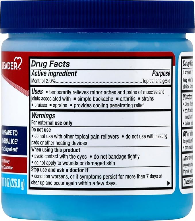Leader Mineral Ice Blue Gel, Menthol 2%, Pain Relief Gel, Topical Analgesic, for Muscle Pain, Backache, Arthritis & Sport Injuries, for Adults and Kids 2+, Compare to Mineral Ice, 8 oz LeaderAu supplements