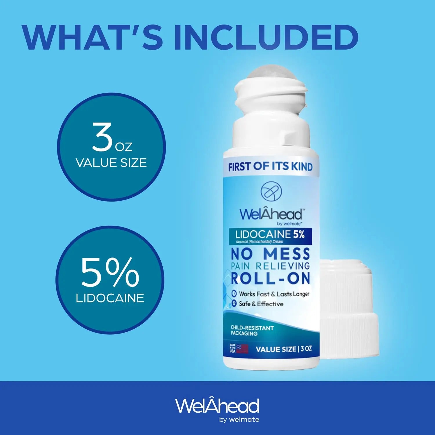 WELMATE - 5% Lidocaine Roll-On (3 oz Value Size) - No Mess Targeted Relief - Topical Anesthetic - Hemorrhoid Relief - Aloe Vera - Fast Acting & Long Lasting - Over-The-Counter Medication - First Aid WELMATEAu supplements