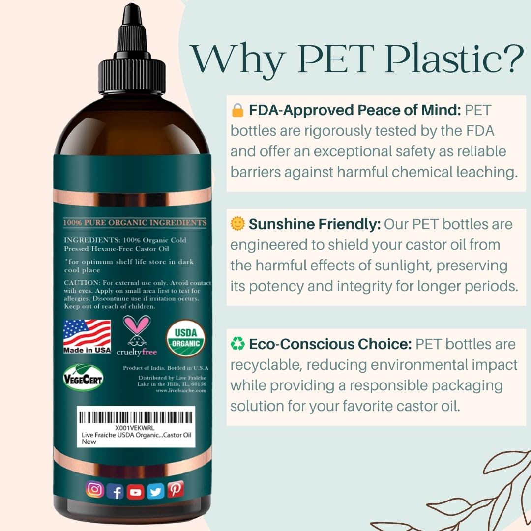 Live Fraiche USDA Organic Cold Pressed Castor Oil (16oz), 100% Pure, Hexane-Free Castor Oil Live FraicheAu supplements