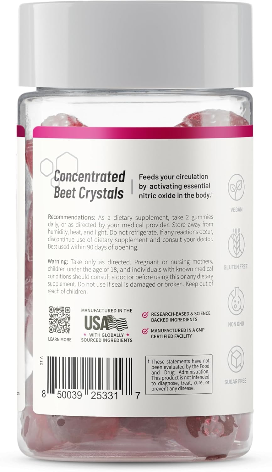 Snap Supplements Nitric Oxide Gummies - Beet Root Extract 300mg, Sugar Free Beetroot Supplement with Pomegranate Powder for Circulation & Natural Energy, 60 Vegan Gummies, Cherry Flavor Snap SupplementsAu supplements