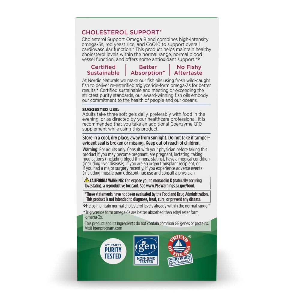 Nordic Naturals Cholesterol Support, Lemon - 60 Soft Gels - 975 Omega-3 + Red Yeast Rice & CoQ10 - Normal Cholesterol, Antioxidant Support - EPA & DHA - Non-GMO - 20 Servings Nordic NaturalsAu supplements
