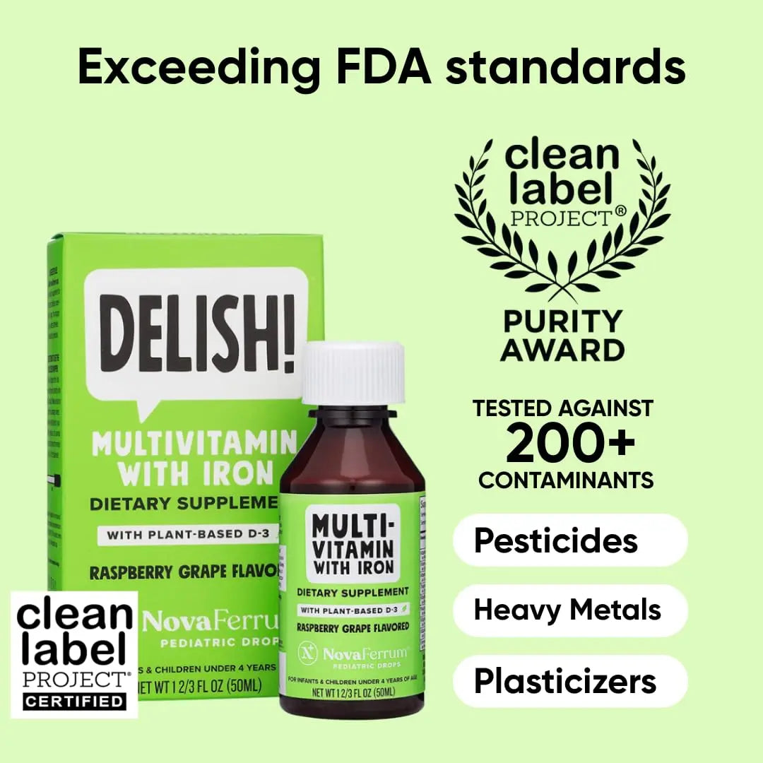 NovaFerrum Delish | Vegan Multivitamin with Iron for Infants, Toddlers & Kids | Immune Support | Organic Plant-Based D-3 | NovaFerrumAu supplements