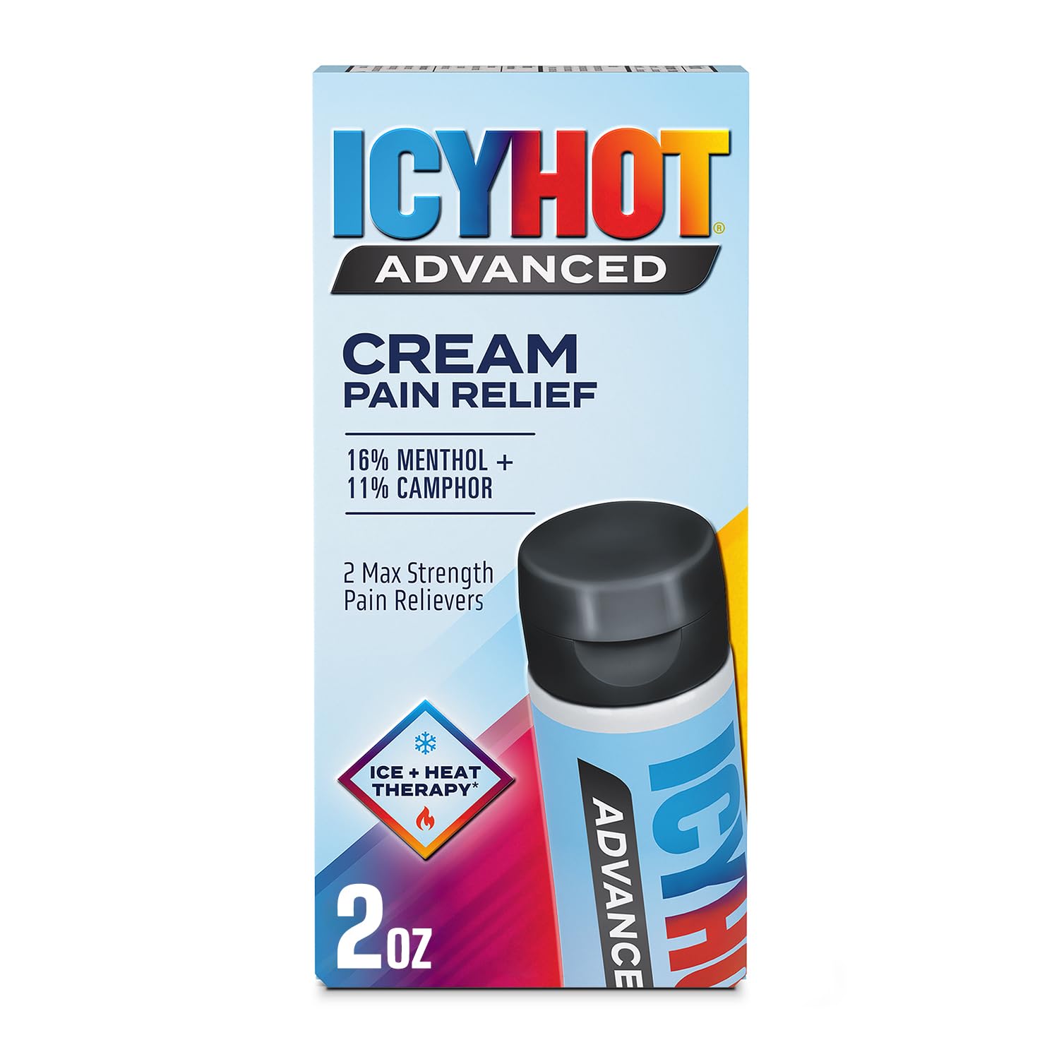 Icy Hot Advanced Pain Relief Cream, Fast-Acting, Max Strength Pain Relief with Menthol 16% and Camphor 11%, Ice and Heat Contrast Therapy for Backaches, Joints, Muscle Strains and Arthritis, 2 oz Icy HotAu supplements