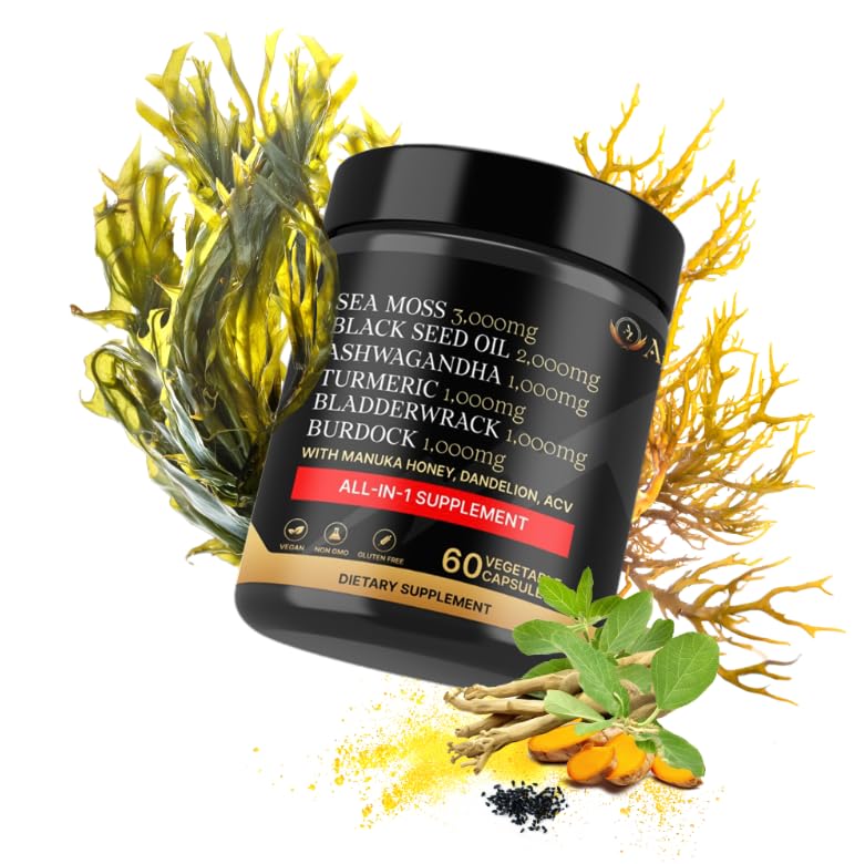 AZ ApexZone True Sea Moss Capsules Black Seed Oil Ashwagandha Burdock Root, Tumeric Supplement with Manuka Honey, Dandelion Root ACV - 60 Capsules - Multi Vitamin AZ ApexZoneAu supplements