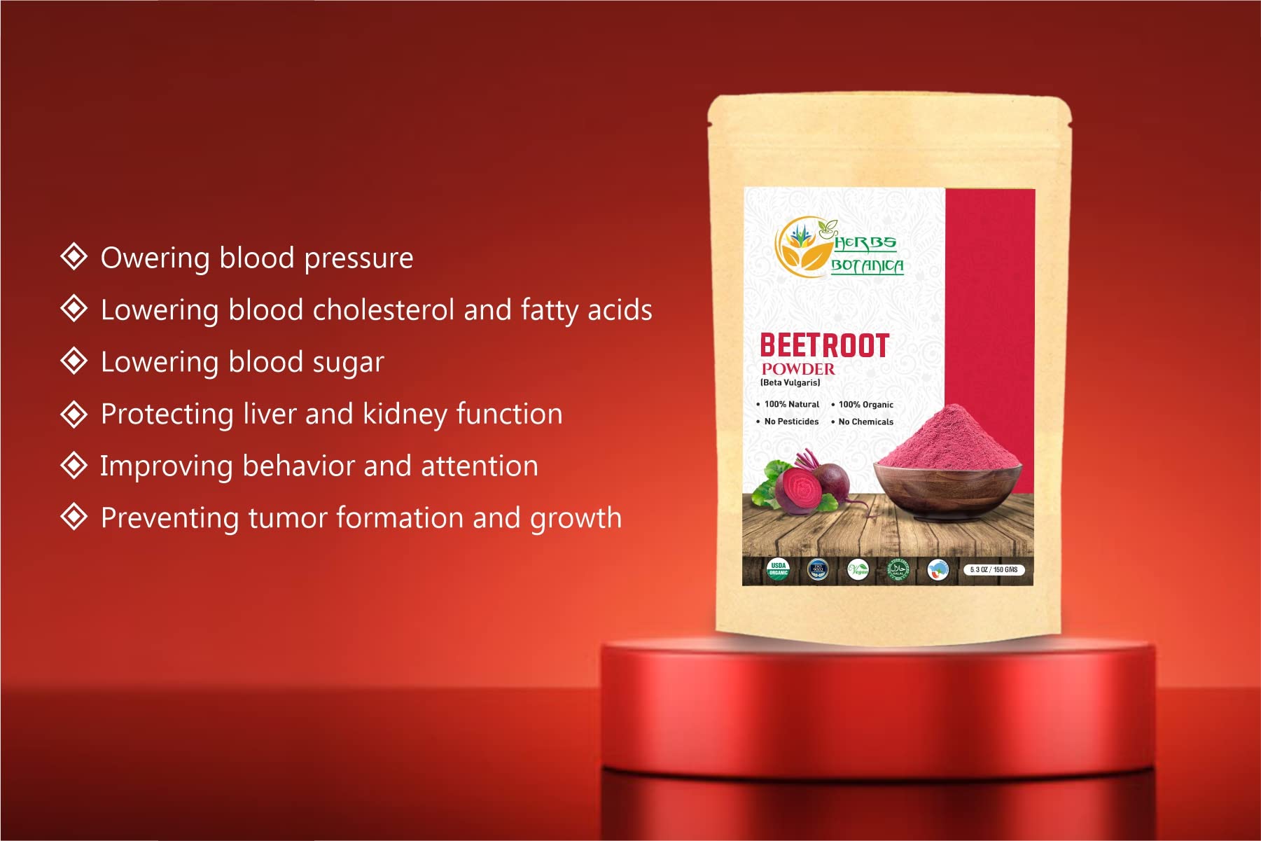 Herbs Botanica Beetroot Powder Organic for Baking and Smoothies | Nitric Oxide Suppement Herbs BotanicaAu supplements