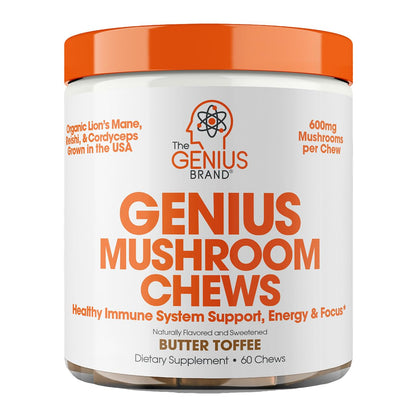 The Genius Brand Genius Mushroom - Plant-Based Supplement for Immune, Focus & Energy Support - Lion's Mane, Cordyceps & Reishi - Organic & Non-GMO - Butter Toffee - 60 Soft Chews The Genius BrandUS supplements