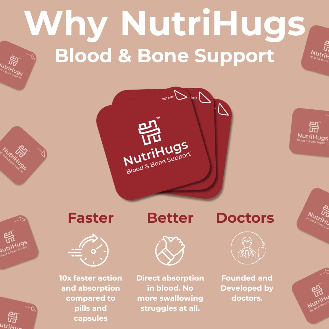 MedHugs NutriHugs Blood and Bone Support - Iron, Folate, Vitamin D3 and K2 - Fast-Dissolving Oral Thin Film Strips - Non-Constipating Iron - Vegan, Sugar-Free, Non-GMO - 30 Strips MedHugsAu supplements