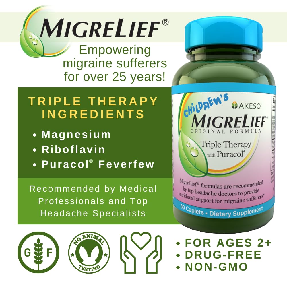 Children's MigreLief® - Triple Therapy with Puracol™ - Nutritional Support for Pediatric Migraine Sufferers - 60 Caplets/1 Month Supply MigreLiefAu supplements