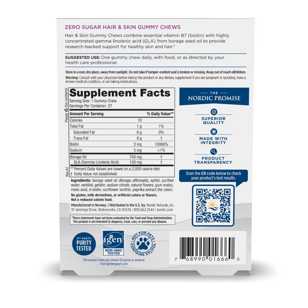 Nordic Naturals Zero Sugar Hair & Skin Gummy Chews, Strawberry Lemonade - 27 Gummy Chews - Biotin + GLA from Borage Oil - Promotes Healthy Balance of Fats in Skin - Non-GMO - 27 Servings Nordic NaturalsAu supplements