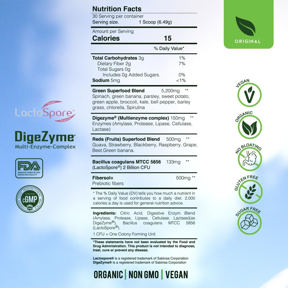 Blossom SuperGreens Probiotics – Digestive Enzymes with Pre/ProBiotics for Bloating Relief – 30+ SuperGreens & SuperReds to Boost Energy –Organic, Gluten-Free, No Fiber, 0g Sugar (Lemon Citrus) BRANIAAu supplements