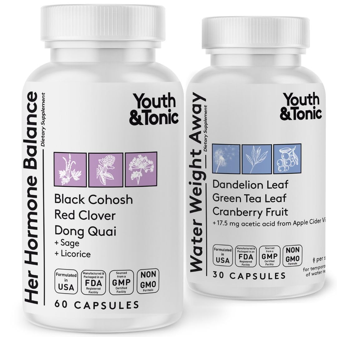 Youth & Tonic PMS & Menopause Bloating Relief Duo – Support for Puffiness, Hormonal Balance & Fluid Retention – Her Hormone Balance + Water Weight Away Natural Herbs for Women, 90 Capsules Youth & TonicAu supplements