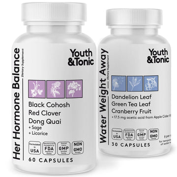 Youth & Tonic PMS & Menopause Bloating Relief Duo – Support for Puffiness, Hormonal Balance & Fluid Retention – Her Hormone Balance + Water Weight Away Natural Herbs for Women, 90 Capsules Youth & TonicAu supplements