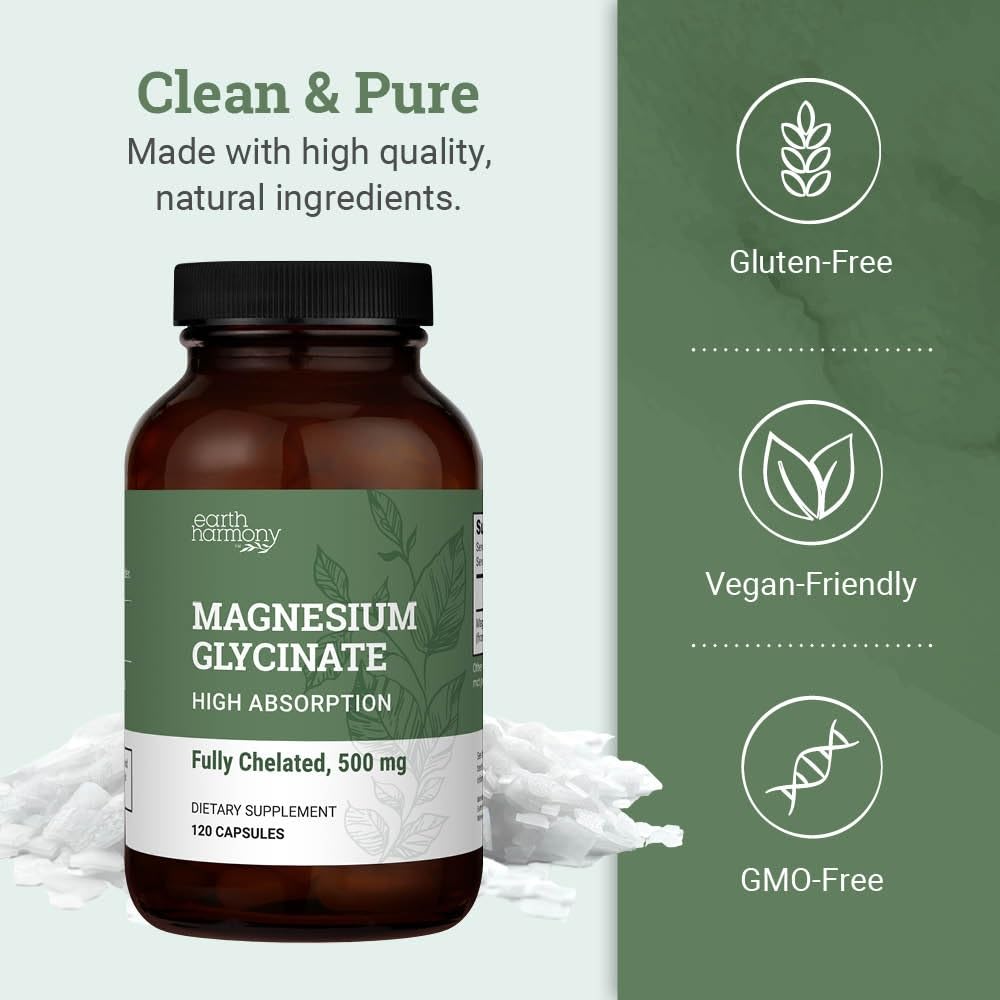 Pure Magnesium Glycinate 500mg - Chelated Magnesium Supplement, High Absorption Capsules for Sleep, Glicinato De Magnesio with Organic MCT Powder (120 Capsules) Earth Harmony NaturalsAu supplements
