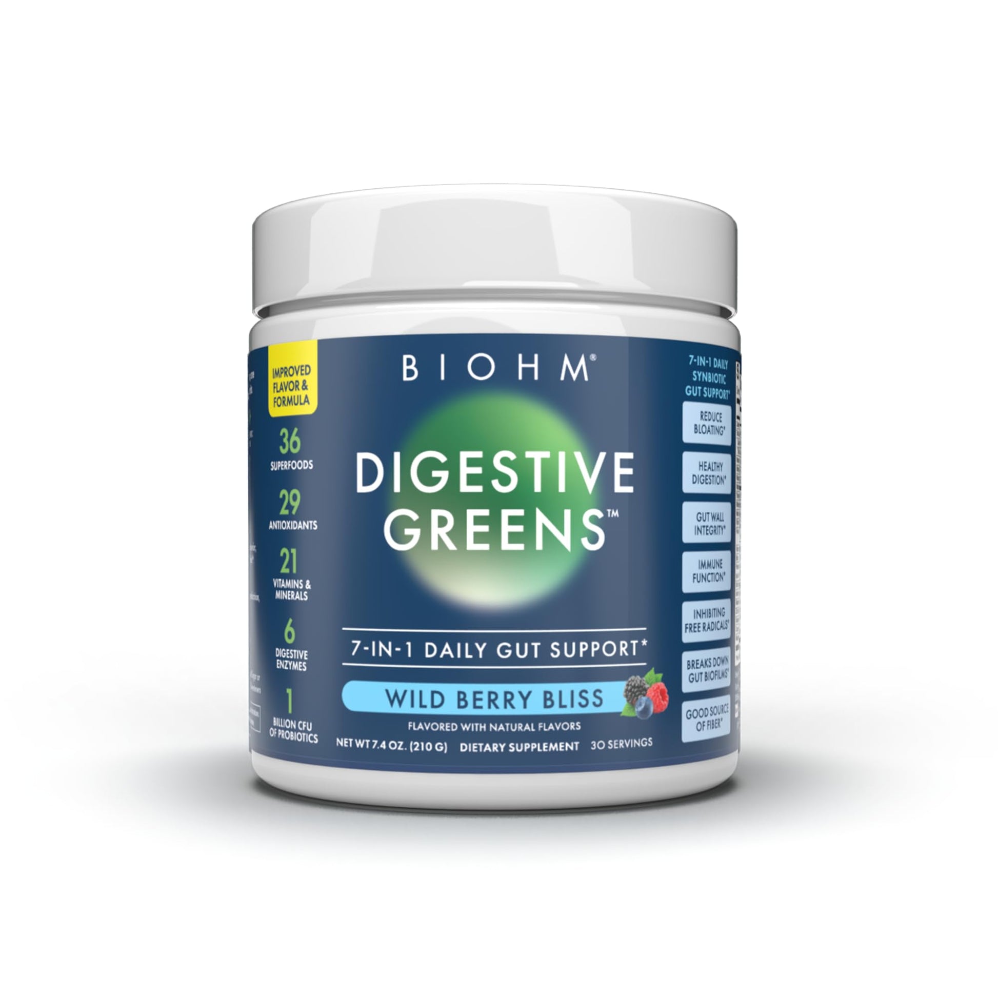 BIOHM Digestive Greens, Green Superfood Powder (7.4 Oz, 30 Servings) Immune & Gut Health Support with Antioxidants, Vitamins, Probiotics & Enzymes, Good Source of Fiber, Berry Flavor BIOHMAu supplements