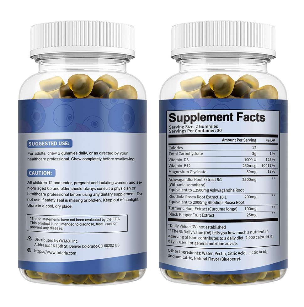 (2 Packs) Sugar Free Ashwagandha Filled Gummies w/Vitamin D3, Magnesium Glycinate, Rhodiola, Ultra Strength Ashwa Root Supplements for Women & Wen, for Relaxation, Energy, Cortisol Gummies TotariaAu supplements