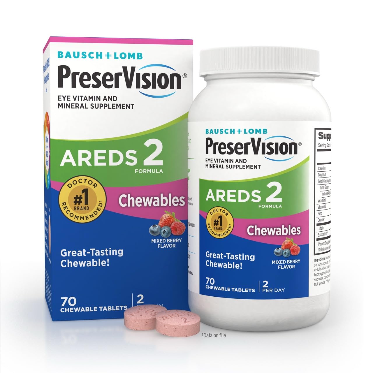 PreserVision AREDS 2 Eye Vitamins, #1 Eye Doctor Recommended Brand, Chewable Lutein and Zeaxanthin Supplement with Vitamin C, Vitamin E,Zinc, and Copper, Mixed Berry, 70 Tablets PreserVisionAu supplements