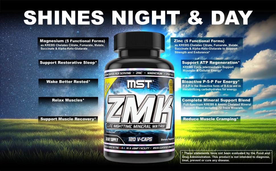 MST ZMK (Zinc & Magnesium as Krebs Chelates (as Citrate, Fumarate, Malate, Succinate, Alpha-Keto-Glutarate. With Mineral Support Blend & Trace Minerals. Support ATP, Sleep, Muscle Recovery, 120 V Caps MSTAu supplements