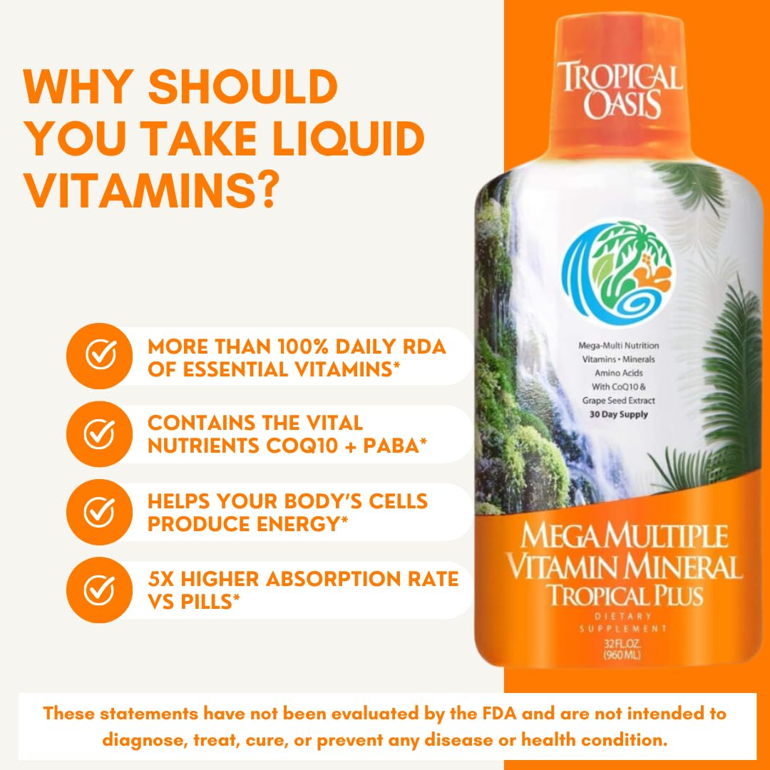 Tropical Oasis Mega Plus - Liquid Multivitamin and Mineral Supplement – Includes 85 Vitamins & Minerals, 20 Amino Acids + CoQ10, Grape Seed Extract & Organic Aloe Vera - 32oz, 32 Servings, 33460 Tropical OasisAu supplements